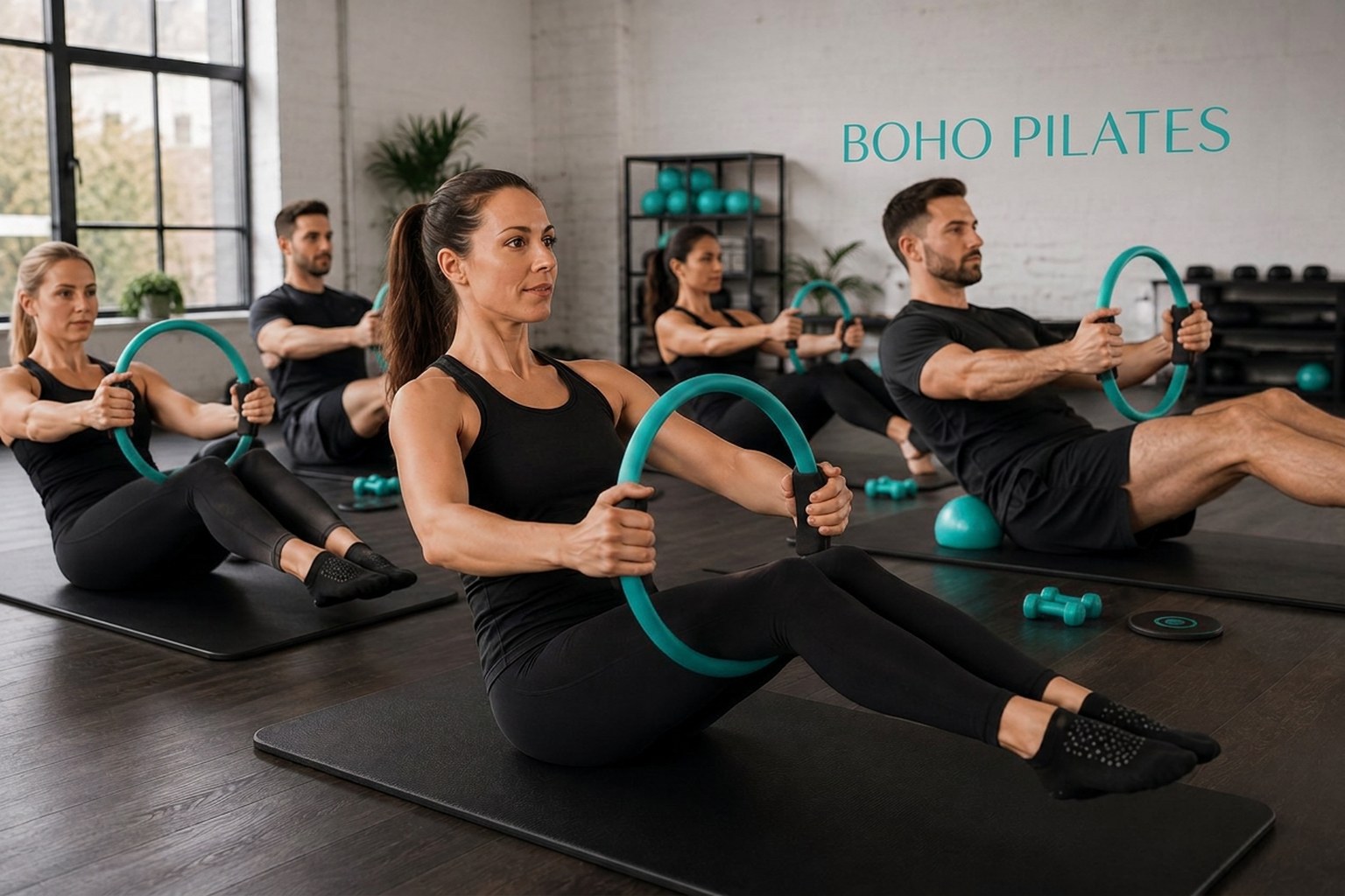 Adults doing mat Pilates with rings and resistance bands in a bright Bristol studio